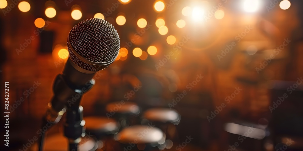 The spotlight shines on a solitary microphone stand in an intimate concert setting. Concept Music Performances, Stage Lighting, Artistic Expression, Live Entertainment The spotlight shines on a solitary microphone stand in an intimate concert setting. Concept Music Performances, Stage Lighting, Artistic Expression, Live Entertainment
