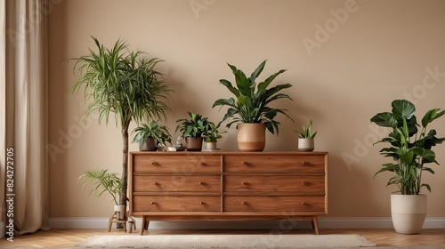 a wooden chest of drawers and houseplants near a beige wall in a modern living room. close up