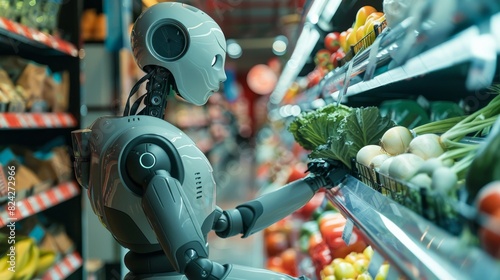 Humanoid robot shopping for vegetables at a grocery store, selecting and purchasing fresh produce. the integration of robotics in everyday life and their role in modern retail environments. photo