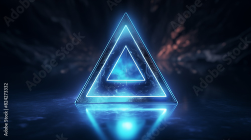 A glowing neon triangle with a futuristic cityscape in the background.