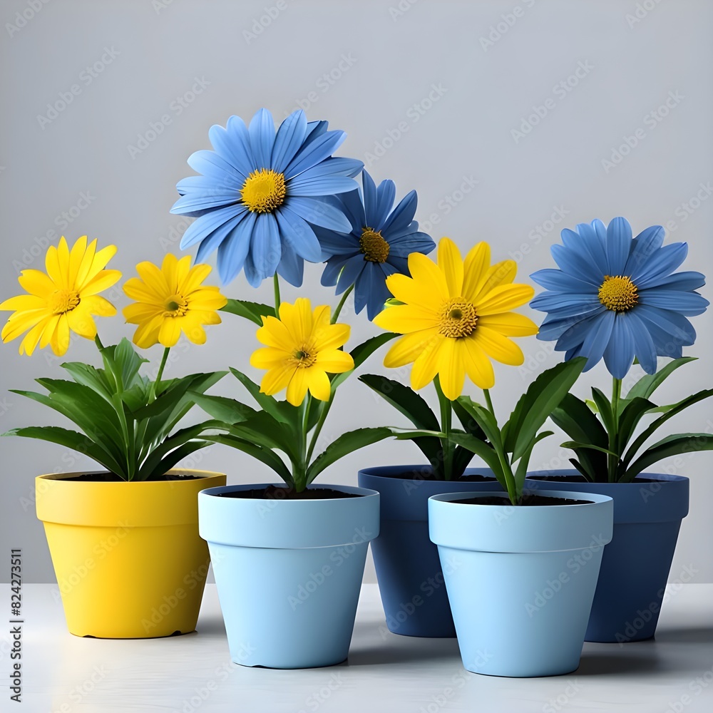 Blue and yellow flowers in flower pots