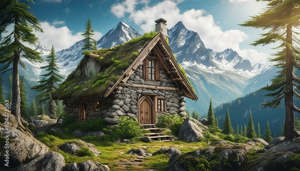 Obraz premium mountain, house, landscape, sky, nature, alps, mountains, hut, grass, chalet, tree, summer, forest, wood, switzerland, green, building, rural, cabin, view, architecture, village, alpine, meadow, europ