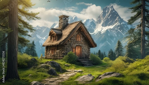 mountain, house, landscape, sky, nature, alps, mountains, hut, grass, chalet, tree, summer, forest, wood, switzerland, green, building, rural, cabin, view, architecture, village, alpine, meadow, europ photo