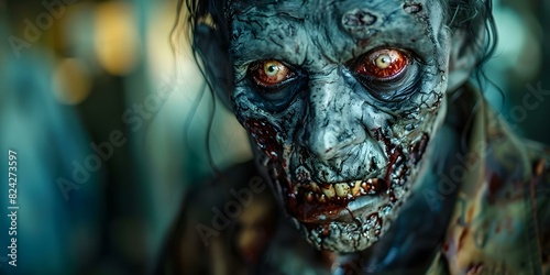 Closeup of a hungry menacing zombie with drooling bloodthirsty expression. Concept Horror Photography, Zombie Portraits, Bloodthirsty Expressions photo