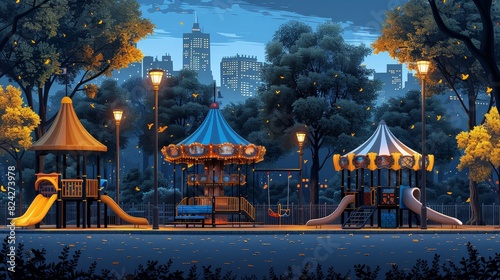 A whimsical park at night with a carousel, playground, and city skyline in the distance.