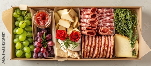 Fototapeta Naklejka Na Ścianę i Meble -  Gourmet Charcuterie Box with Cheese and Fruits