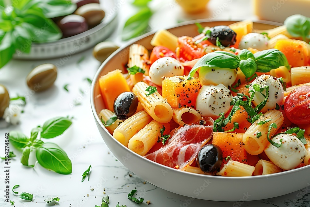 A bowl of pasta with vegetables and cheese A bowl of pasta with vegetables and cheese