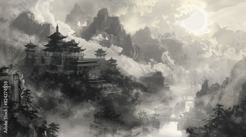 Japanese temple with mountains  ink painting