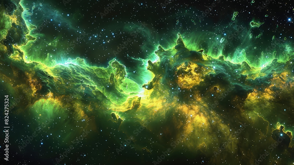 A spectacular space galaxy scene showcasing glowing nebula clouds in radiant greens and yellows, with a starry night sky beyond. A spectacular space galaxy scene showcasing glowing nebula clouds in radiant greens and yellows, with a starry night sky beyond.