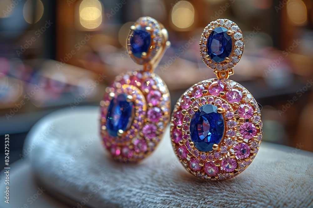 Fototapeta premium A pair of earrings with blue and pink stones
