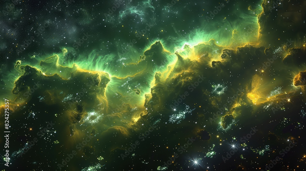 A spectacular space galaxy scene showcasing glowing nebula clouds in radiant greens and yellows, with a starry night sky beyond.