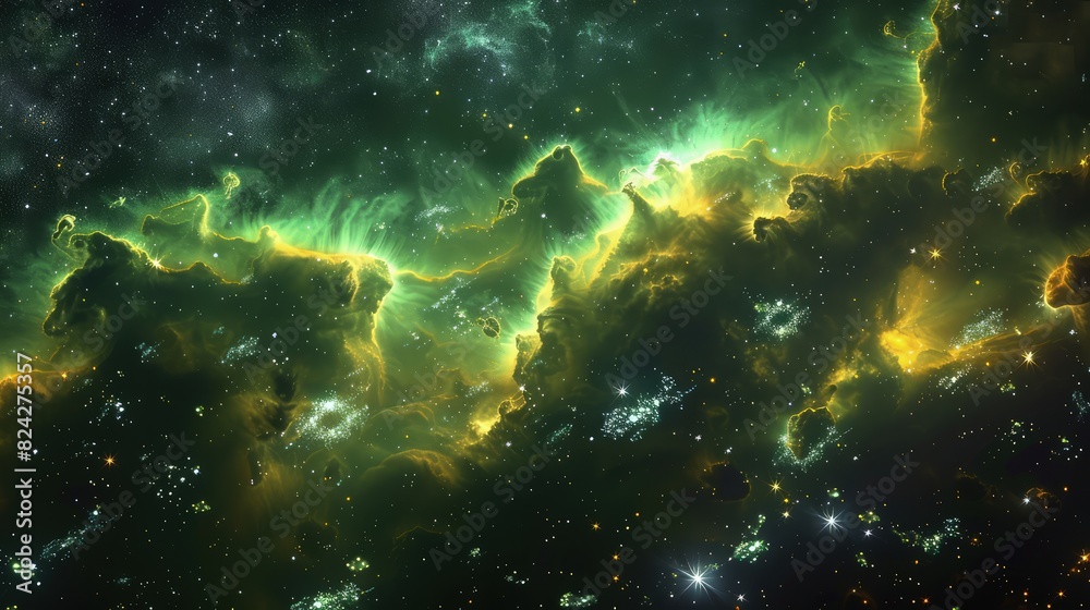 A spectacular space galaxy scene showcasing glowing nebula clouds in radiant greens and yellows, with a starry night sky beyond. A spectacular space galaxy scene showcasing glowing nebula clouds in radiant greens and yellows, with a starry night sky beyond.