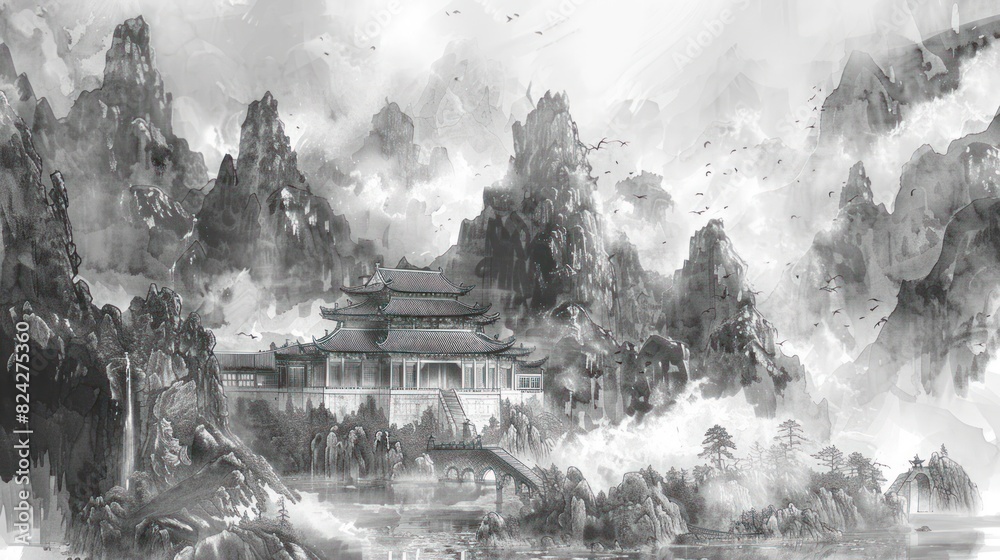 Japanese temple with mountains, ink painting Japanese temple with mountains, ink painting