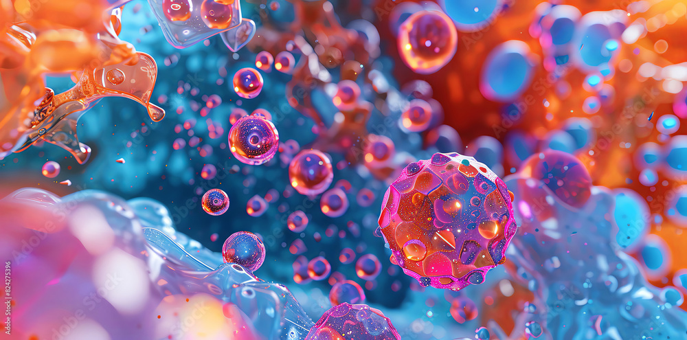 3D rendering of a colorful background with microscopic molecules, cells and geometrical shapes in the style of microscopic art. Concept for science or medical research on the theme of 