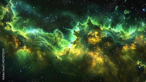 A spectacular space galaxy scene showcasing glowing nebula clouds in radiant greens and yellows, with a starry night sky beyond.