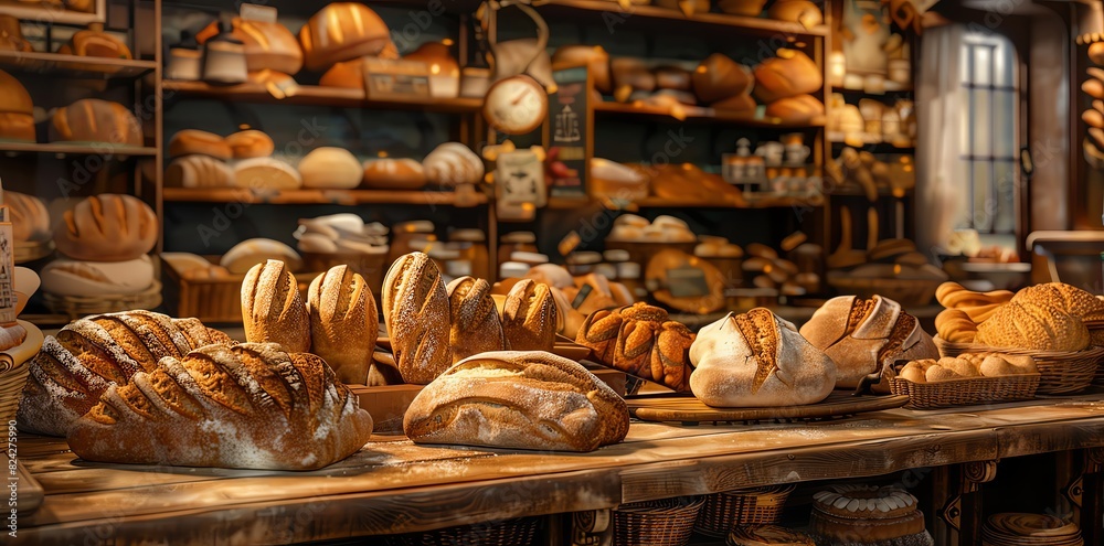A realistic photo of an oldfashioned bakery counter with various breads and pastries displayed on shelves, with warm lighting creating a cozy atmosphere. The focus is on the detailed textures of each
