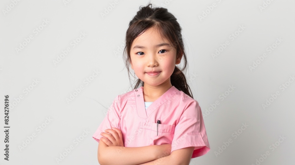 Asian girl wearing dentist uniform, on white background, dream job Asian girl wearing dentist uniform, on white background, dream job
