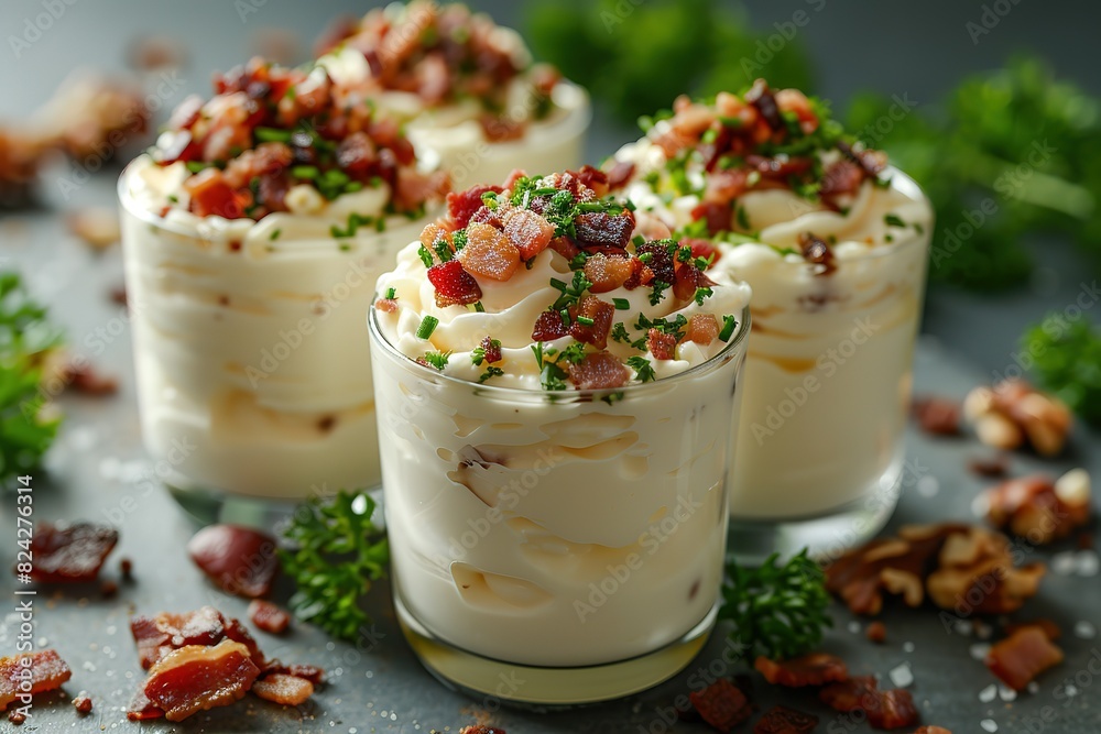 Three glasses of bacon and cheese dessert with parsley on top Three glasses of bacon and cheese dessert with parsley on top