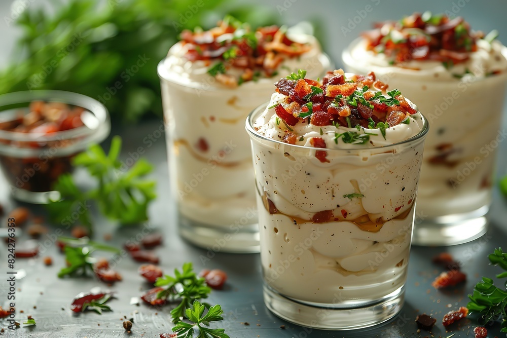 Three glasses of bacon and cheese dessert with parsley on the table Three glasses of bacon and cheese dessert with parsley on the table