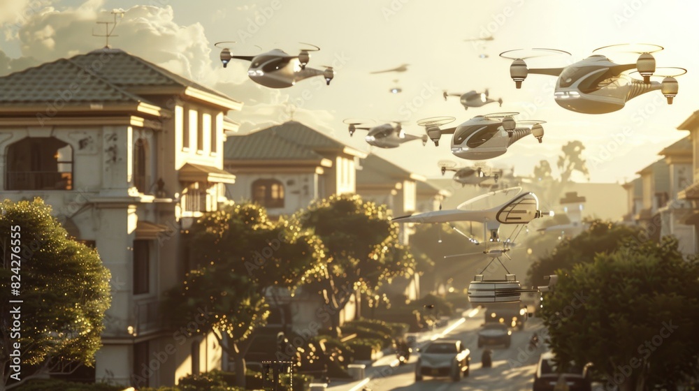 In a tranquil community, personal flying vehicles gracefully take off and land from rooftops and designated skyports, forming an orchestrated dance of orderly air traffic in the sky.