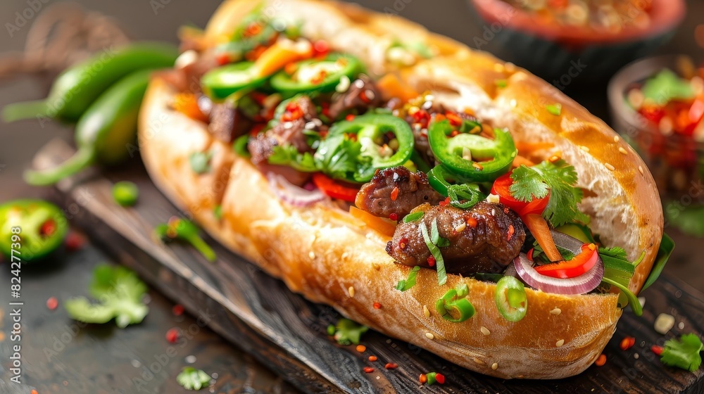 Show a flavorful banh mi sandwich with Vietnamese pork, pickled vegetables, cilantro, and jalapenos in a crunchy baguette, Close up Show a flavorful banh mi sandwich with Vietnamese pork, pickled vegetables, cilantro, and jalapenos in a crunchy baguette, Close up