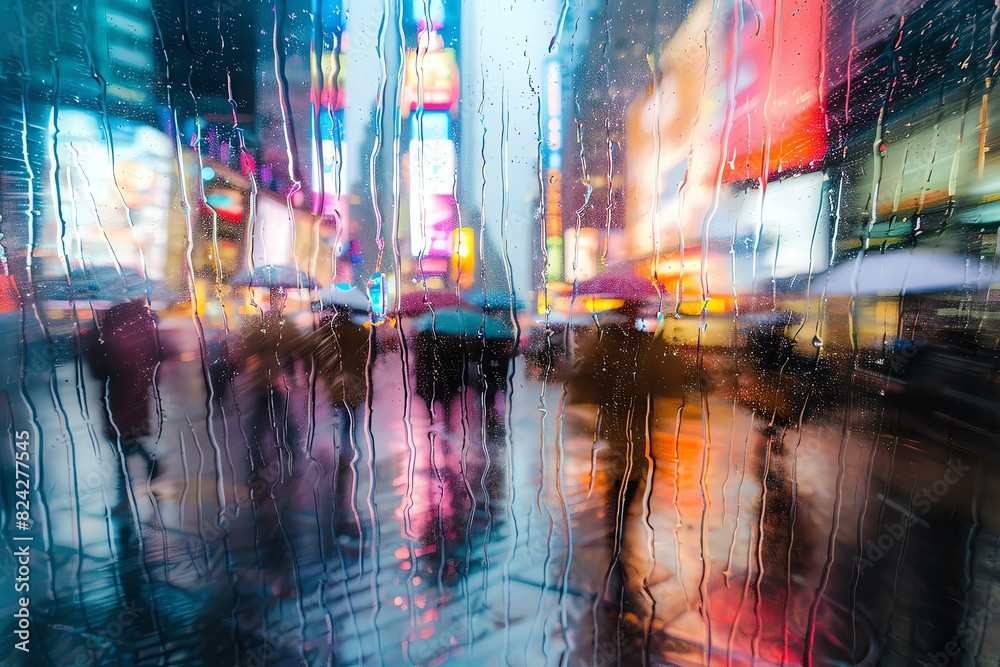 A city street scene captured through the lens of raindrops, with reflections on glass creating blurred images and vibrant colors, while pedestrians in umbrellas add motion to the urban landscape. The