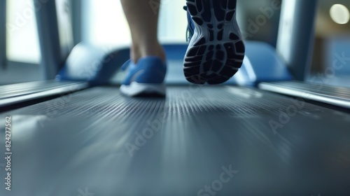 Close up view of feet wearing shoes sneakers running on treadmill inside gym studio. Sport gym background.