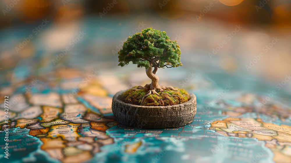 Small Potted Plant on Map -  a small potted plant placed on a map, symbolizing environmental protection and global sustainable development.