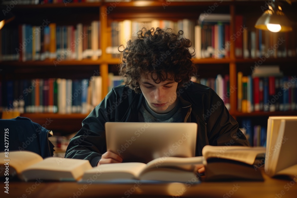 Male student learning at high school library. Study hard in the library Male student learning at high school library. Study hard in the library