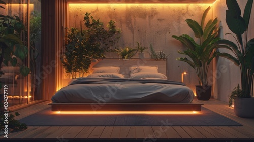 A bedroom with customizable lighting options created by an AI system for optimal energy efficiency.