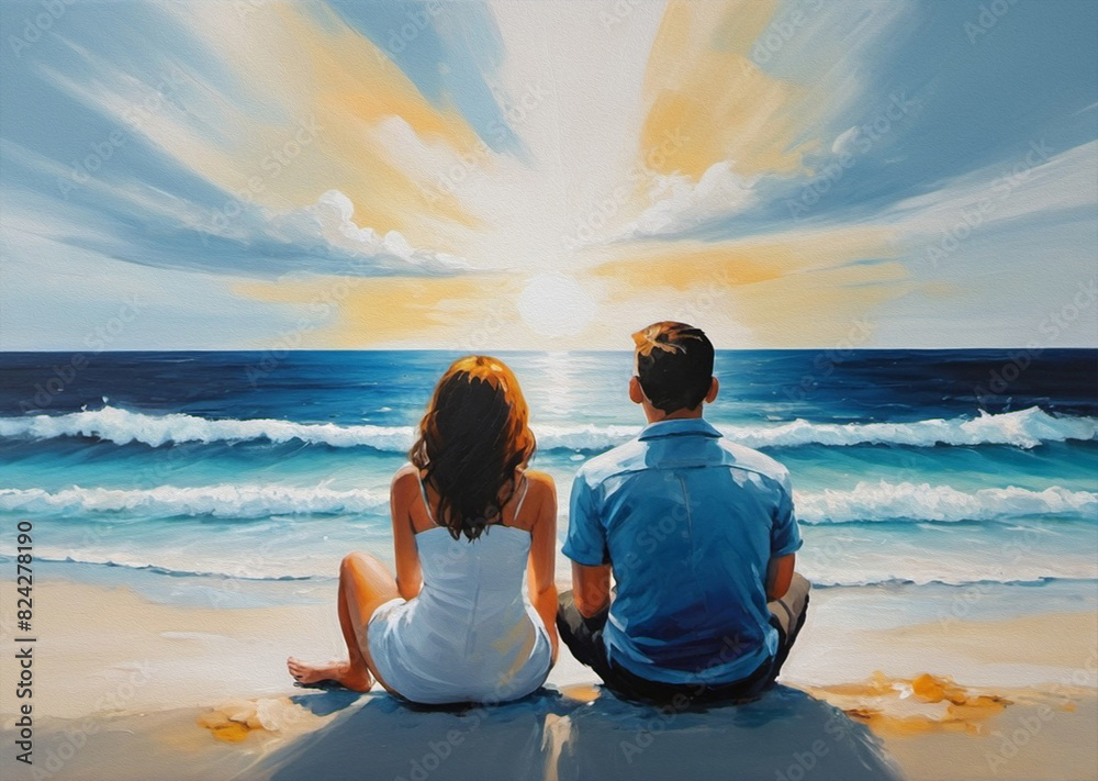 Acrylic painting, showing couple in love sitting on the beach and looking at ocean. Modern art painting brush stroke on canvas. floral for background.
