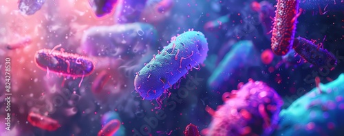 3D render of colorful bacteria under the microscope, with a microbe cell background banner design for medical concept. Blue and purple colors in the style of cell background. Minimally editing the ori photo