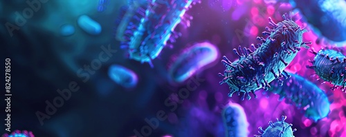 3D render of colorful bacteria under the microscope, with a microbe cell background banner design for medical concept. Blue and purple colors in the style of cell background. Minimally editing the ori photo