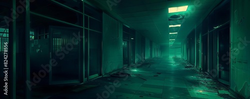 An abandoned office building with flickering lights and eerie shadows, representing a business fallen to bankruptcy, Horror, Dark tones, Digital art, Creepy and ominous