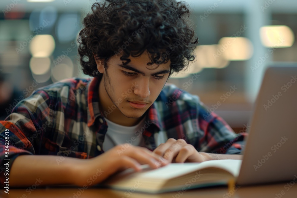 Male student learning at high school library. Study hard in the library Male student learning at high school library. Study hard in the library