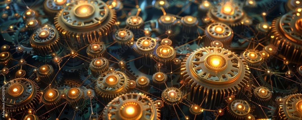Magical gears and cogs interlocking to form a glowing business network, Steampunk, Brass and bronze, Digital painting, High detail