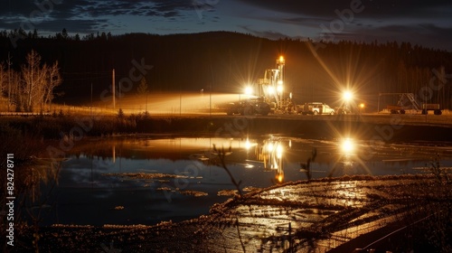 A brightly lit pump jack pulling up water from a nearby pond to be used in the hydrofracturing process. photo