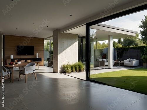 Modern bungalow with large sliding doors and a minimalist garden, generative AI