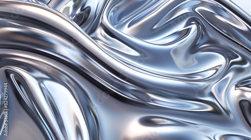 Silver metallic background with some folds in it , an abstract, organic shape made from glossy glass material, with a soft white background that enhances the reflective and wavy textures 