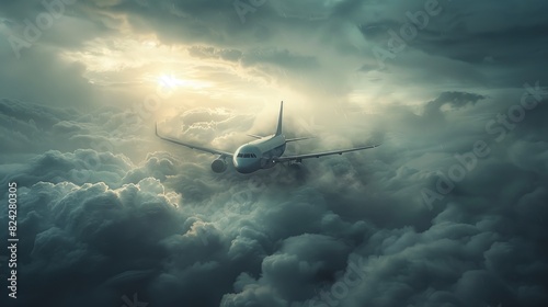 Aerial view of an airplane flying through a stormy sky with visible air pockets causing turbulence photo