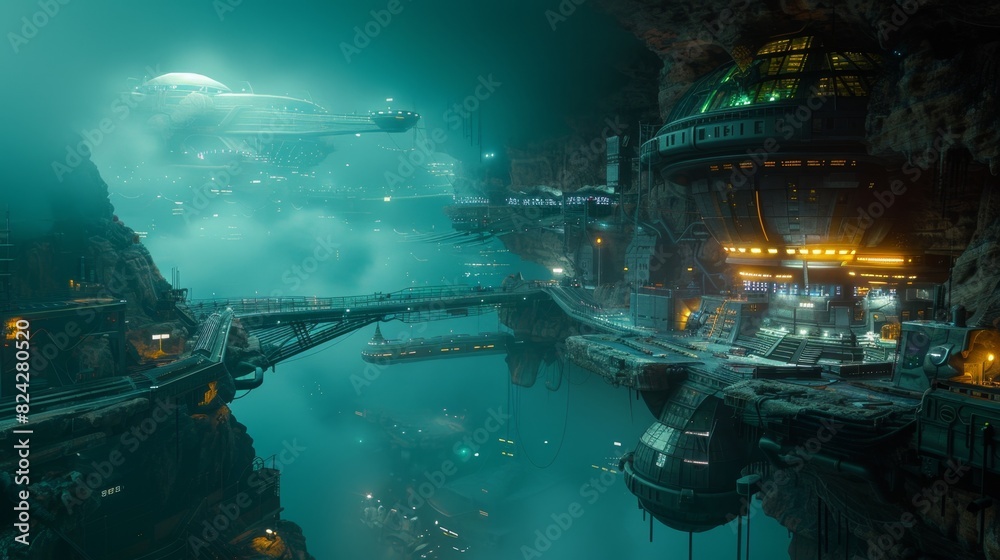 Futuristic Sci-Fi Scape: Gravity-Defying Architecture and Luminous Pathways in Cinematic Style