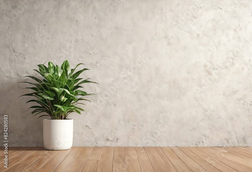 interior wall background copy space with green plant and wooden floor