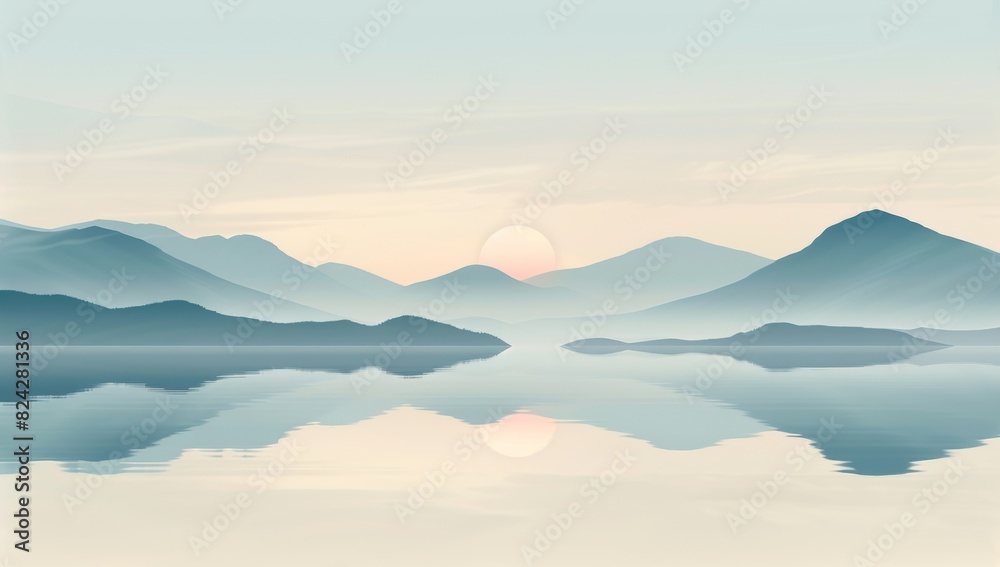 minimalist, surrealistic landscape with floating mountains and a calm lake, pastel colors, gradient sky, soft lighting, reflections on the water surface, delicate texture of hills, tranquility.