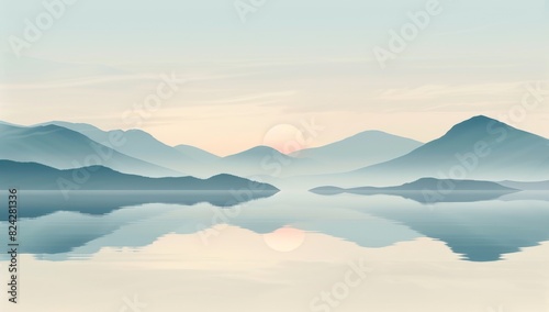 minimalist  surrealistic landscape with floating mountains and a calm lake  pastel colors  gradient sky  soft lighting  reflections on the water surface  delicate texture of hills  tranquility.