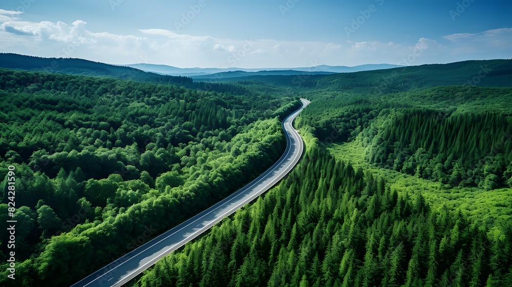 Aerial view of dense green trees in forest capture CO2 and highway road, illustrating carbon neutrality and net zero emissions concept