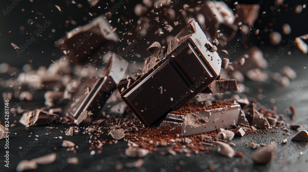 Large dark chocolate piece with crumbs breaks on the black table melting and dripping Large dark chocolate piece with crumbs breaks on the black table melting and dripping