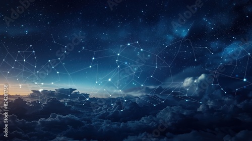 A night sky scene where instead of stars, there are points of light representing data nodes, connected by digital clouds that form a network across the heavens.  photo