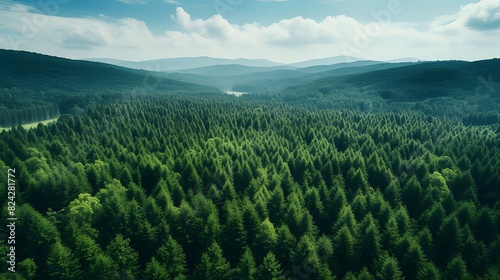 Aerial view of dense green forest, captured by drone, showcasing CO2 absorption, nature background promoting carbon neutrality and net zero emissions, sustainable green environment concept © Andik