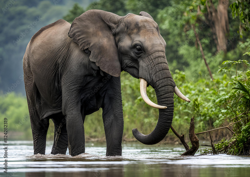 Obraz premium An African forest elephant (Loxodonta cyclotis) by the Lekoli River in Odzala-Kokoua National Park, Cuvette-Ouest Region, Republic of the Congo.