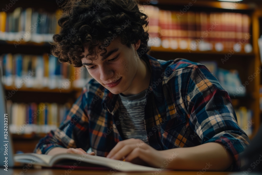 Male student learning at high school library. Study hard in the library Male student learning at high school library. Study hard in the library